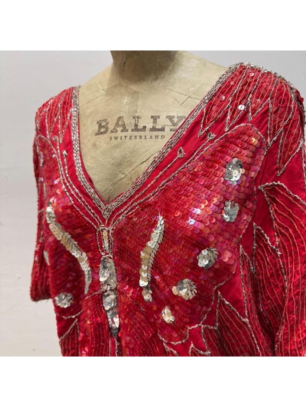 Vintage Broadway Costume 70s Red Sequin Beaded Butterfly Silk Fairy Top 3 - Picture 2 of 8